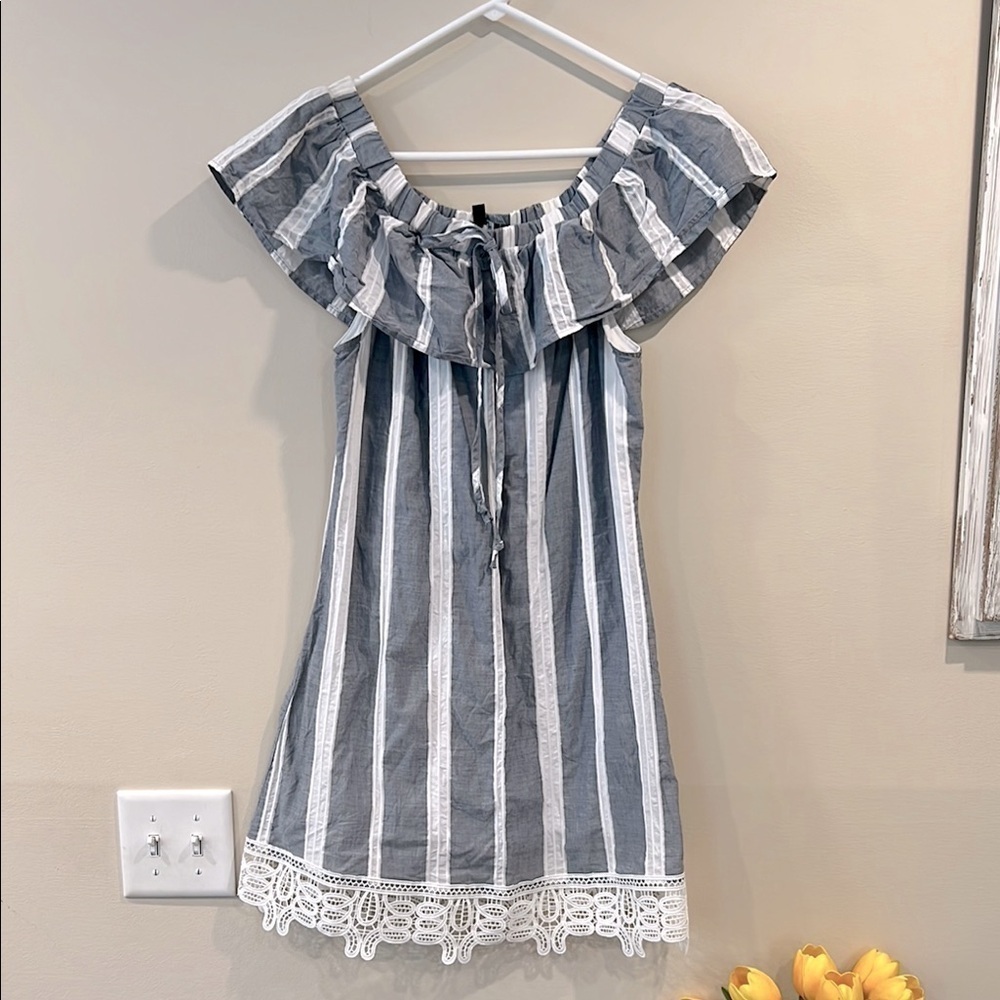 🔥Trixxi Blue and White Off-Shoulder Sundress with Flutter Sleeves🔥